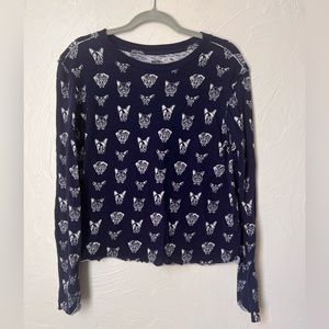 Anthropologie Maeve navy blue dog print long sleeve top size M